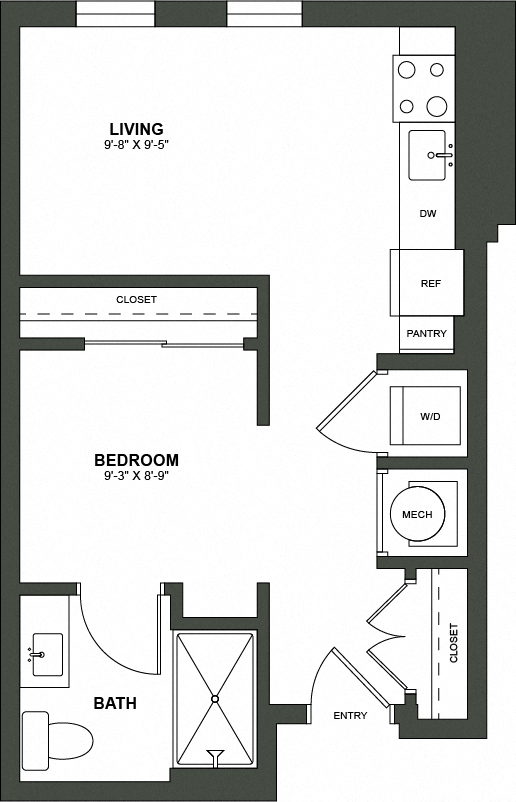 Floor plan for studio, 1 bath, 514 sqft